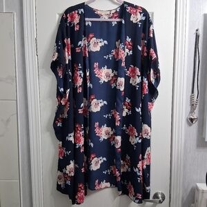Living Doll Kimono Duster Robe Navy & Pink Floral Longer Length